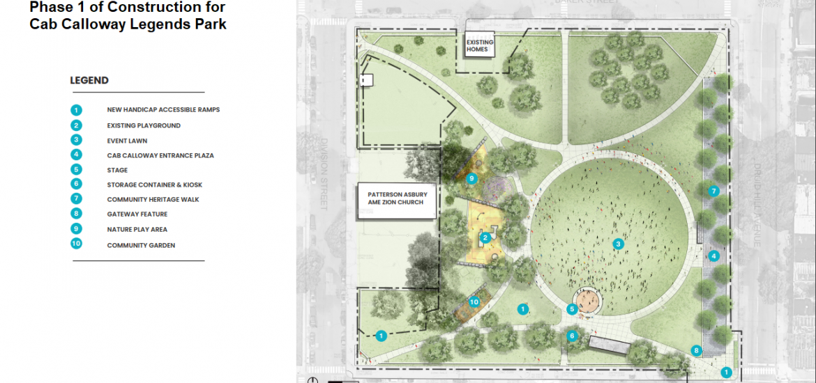 Ilustrational Site Plan of Cab Calloway Legends Park -- A full-block square with curving pathways lined with trees, an oval-shaped lawn area, and children's play area.